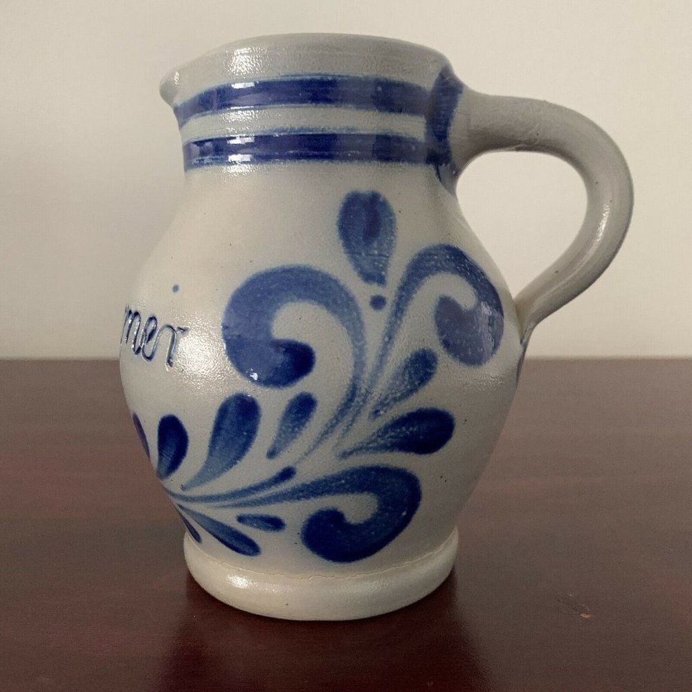 VTG 5” German HANDARBEIT Salt Glazed Cobalt Light Blue Pottery Pitcher A. Wagner - Picture 1 of 11